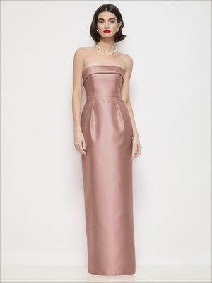 Blush pink satin strapless cuff-neck maxi dress with column skirt and smooth bodice