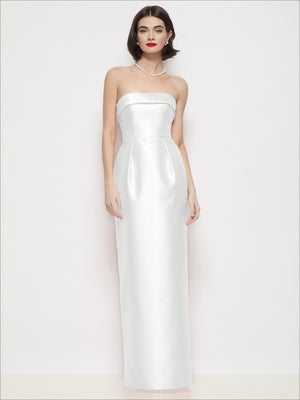 White satin strapless cuff-neck maxi dress with column skirt and sleek bodice