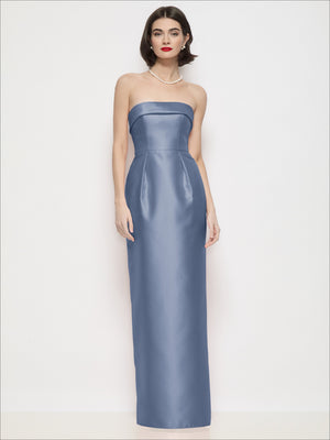 Steel blue strapless satin maxi column dress with bandeau neckline