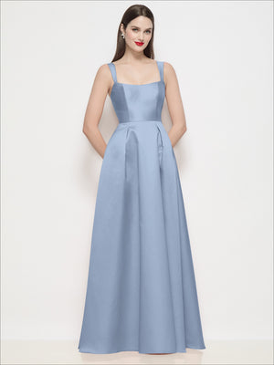 Powder blue satin maxi dress with thin straps, fitted basque bodice, and flared pleated skirt