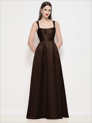 Dark brown satin maxi dress with square back, thin straps, basque waist, pleated skirt