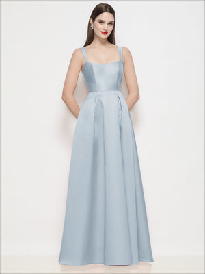 Powder blue satin maxi dress with fitted basque waist, pleated skirt, and thin shoulder straps