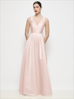 Blush satin maxi dress, sleeveless V-neck and pleated skirt with gathered waist