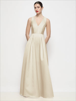 Ivory sleeveless V-neck satin maxi dress with pleated skirt and fitted bodice