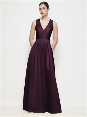 Burgundy satin maxi dress, sleeveless V-neck with gathered pleated skirt