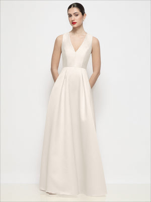 Ivory sleeveless V-neck satin maxi dress with pleated skirt and sleeveless bodice