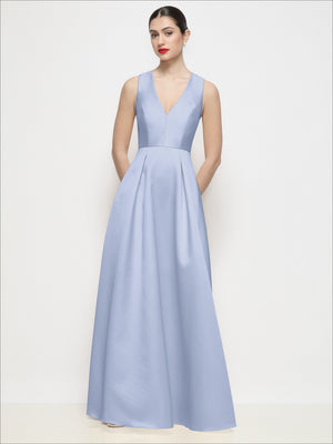 Light blue satin sleeveless V-neck maxi dress with pleated skirt and gathered waist, front view.