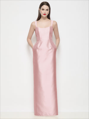 Blush satin maxi dress with square neckline, thin straps, and fitted column silhouette