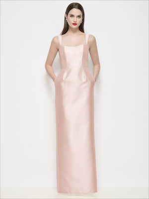 Blush pink satin maxi dress with square neckline, shaped waist seam, and thin shoulder straps
