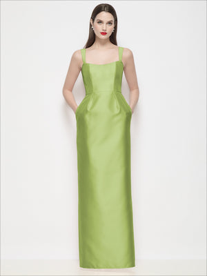Bright lime green satin maxi dress with spaghetti straps and fitted column skirt