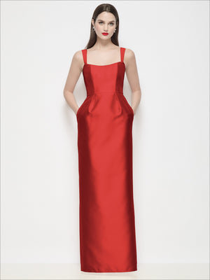 Red satin maxi dress with thin straps, square neckline, shaped bodice, column skirt