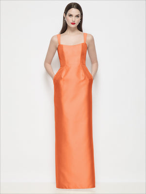Orange satin maxi dress with square neckline, shaped bodice and thin straps