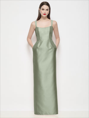 Sage green satin maxi dress with spaghetti straps and shaped basque waist seam