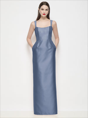 Slate blue satin maxi dress with shaped strap basque bodice and column skirt, front view