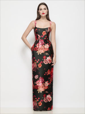 Black satin maxi dress with thin straps, square basque neckline, red floral print