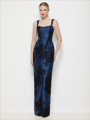 Navy flocked floral satin maxi dress with shaped basque, square neck, spaghetti straps