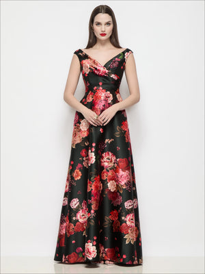 Off-shoulder satin A-line maxi dress in black with red floral print, crossover bodice