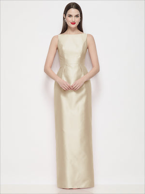 Satin maxi dress with sleeveless bateau neckline, champagne column silhouette