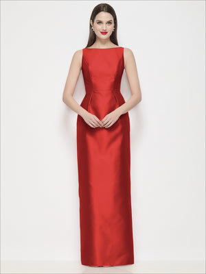 Red satin maxi dress with bateau neckline and pleated column skirt