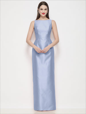 Satin maxi dress with bateau neckline, light blue column skirt