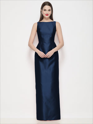 Satin maxi dress with sleeveless bateau neckline, dark blue column silhouette