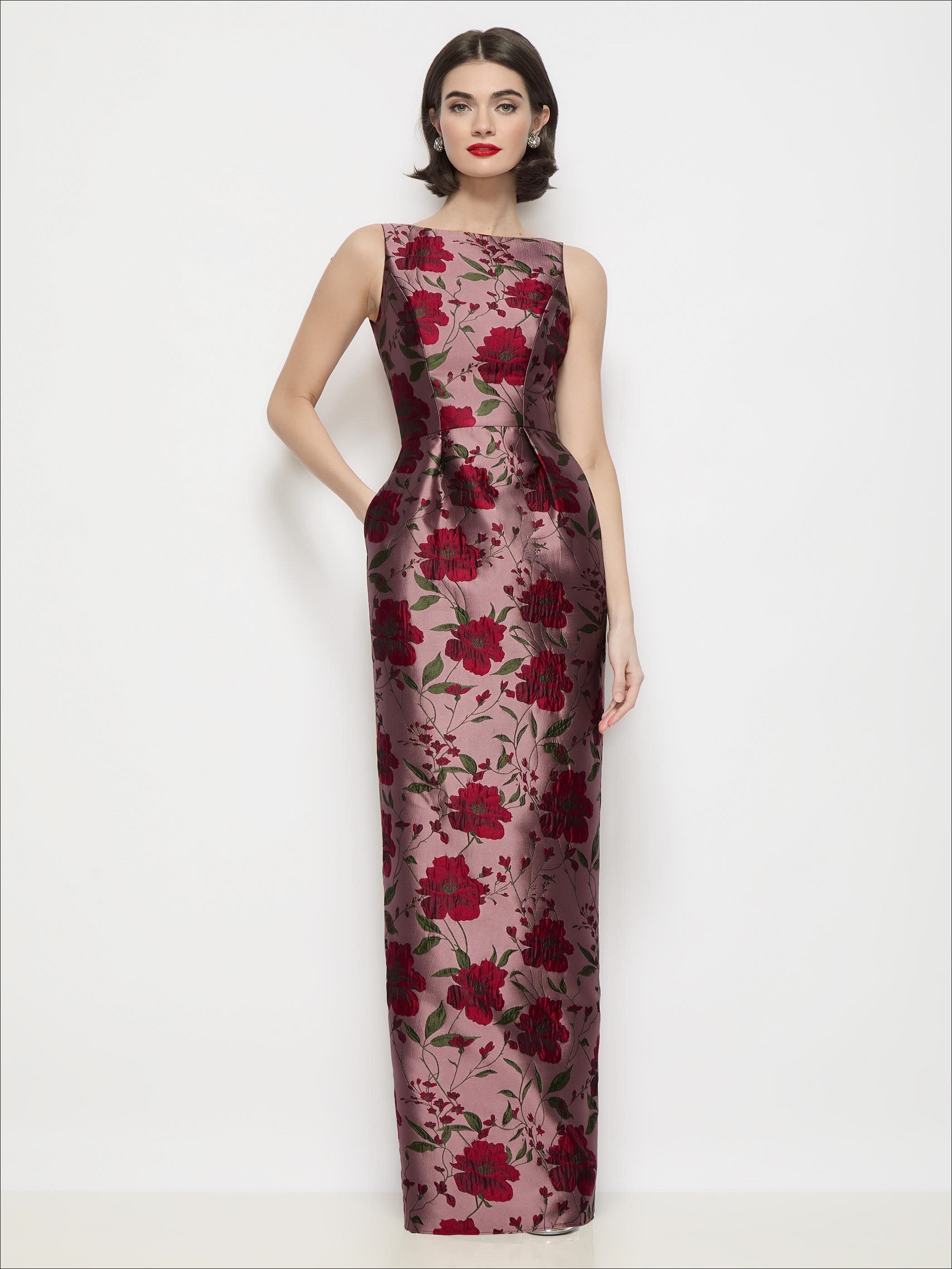 wild rose formal dresses Bateau Neck Brocade Floral Maxi Dress with Pleated Column Sk aision