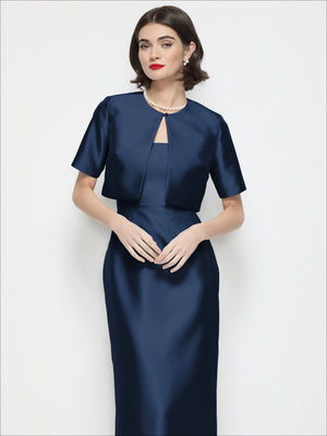Navy satin cropped jacket with jewel neckline and short sleeves