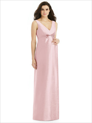Blush sleeveless maternity satin twill maxi dress with V-neck and bow-tie waist
