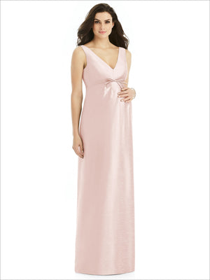 Blush sleeveless maternity satin twill dress with V-neck and bow-tie waist