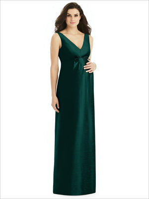 Sleeveless satin twill maternity dress in dark teal green, V-neck with ruched waist tie