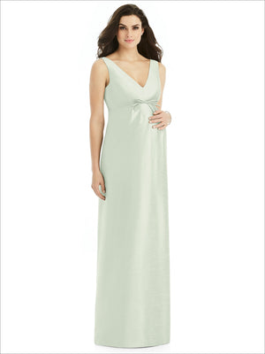 Maternity satin twill dress, sleeveless pale mint V-neck with tie at bust