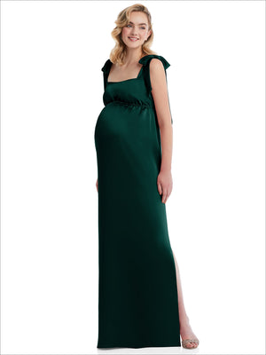 Hunter green maternity maxi dress, tie-shoulder straps and gathered empire waist with side slit