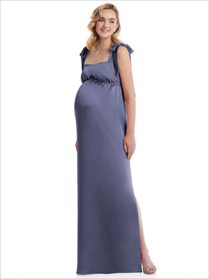 Midnight navy maternity maxi dress with tie shoulders and empire waist ruching