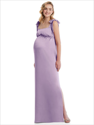 Lavender maternity empire-waist tie-shoulder maxi dress with gathered neckline and bow straps