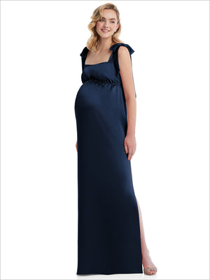 Navy blue maternity tie-shoulder empire-waist maxi dress with gathered bodice and side slit