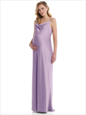 Maternity cowl-neck slip dress in pale purple with thin tie shoulder straps