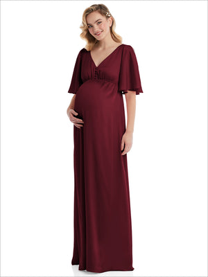 Maternity empire-waist dress in deep burgundy with V-neck and flutter bell sleeves