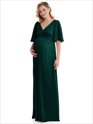 Dark green maternity maxi dress with V-neck, empire waist, and flutter bell sleeves