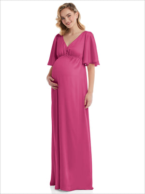 Maternity empire-waist dress in fuchsia pink with V-neck and flutter bell sleeves