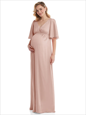 Dusty rose maternity maxi dress with empire waist, ruched bust, and flutter bell sleeves