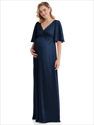 Empire maternity dress with bell sleeves in navy blue, V-neck and gathered empire waist