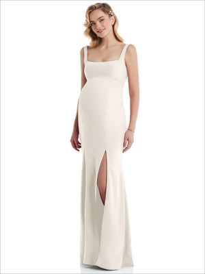Ivory maternity trumpet gown with wide straps and square neckline, front slit at lower leg.