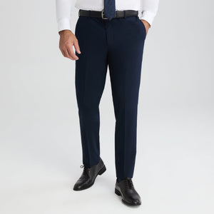 Navy suit pants with belt loops, straight slim legs, side pocket