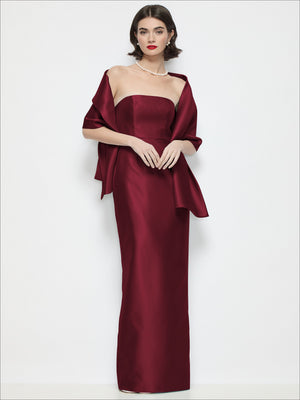 Burgundy satin wrap stole with off-shoulder drape and long trailing tie ends.
