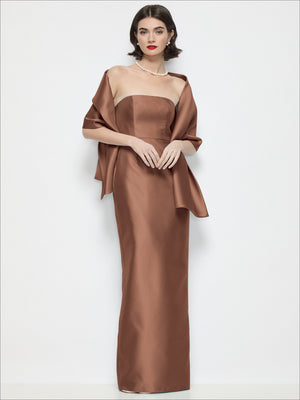 Brown satin wrap stole, off-shoulder drape with long tie ends