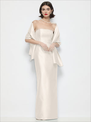 Satin wrap stole in ivory, soft drape with wide sleeve-like wrap and ribbon ends