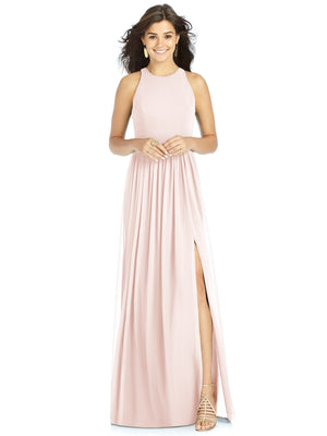 Blush halter dress with jewel neck, shirred bodice and front-slit skirt