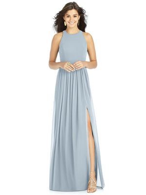 Shirred Skirt Jewel Neck Halter Dress with Front Slit
