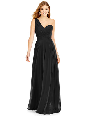 One-shoulder draped chiffon maxi dress in black with gathered one-shoulder bodice
