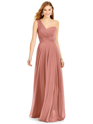 One-shoulder draped chiffon maxi dress in dusty rose with gathered one-shoulder bodice